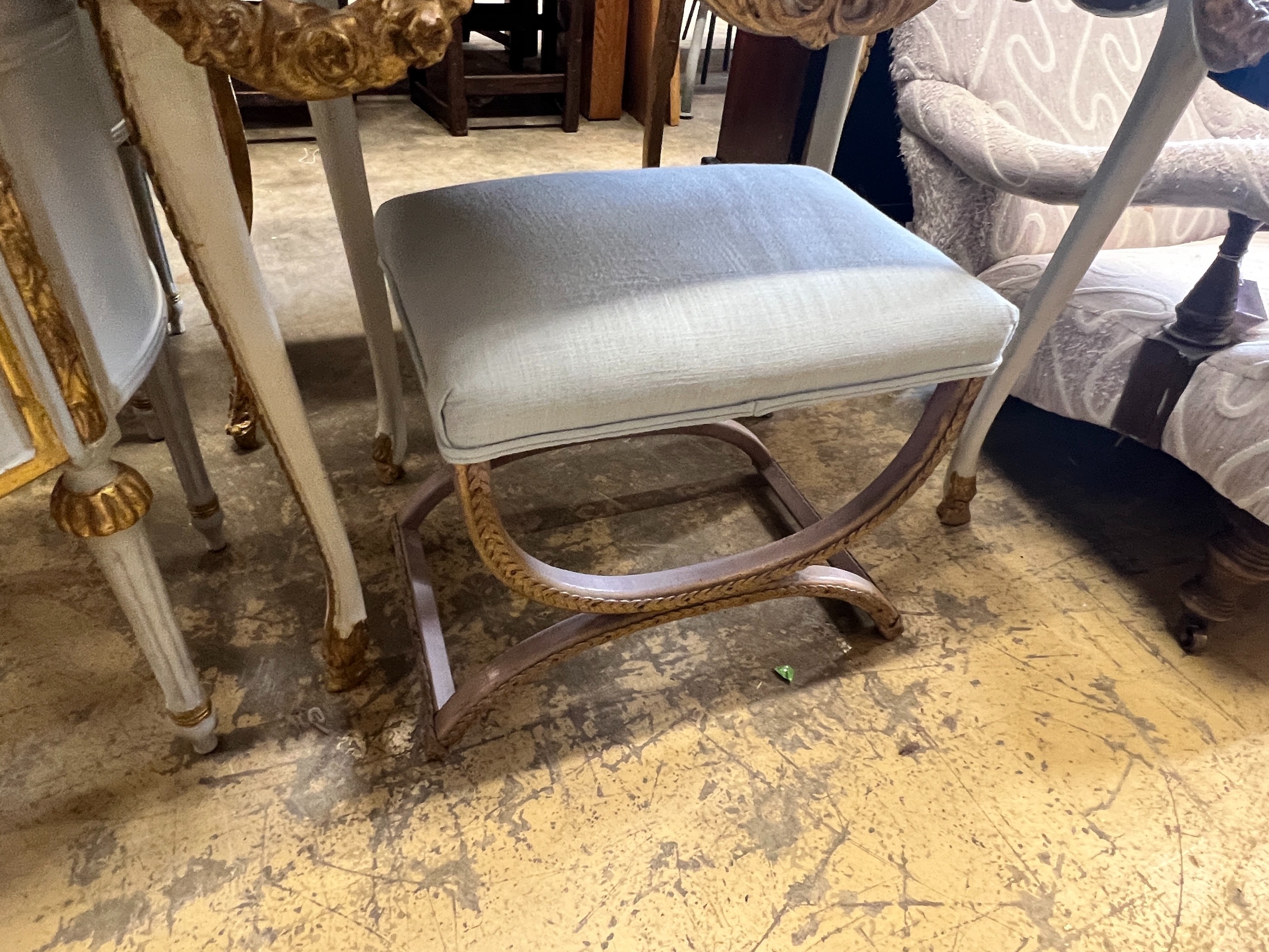 An early 20th century unusual French painted parcel gilt caned marble topped kidney shaped dressing table, width 91cm, depth 50cm, height 138cm and a stool